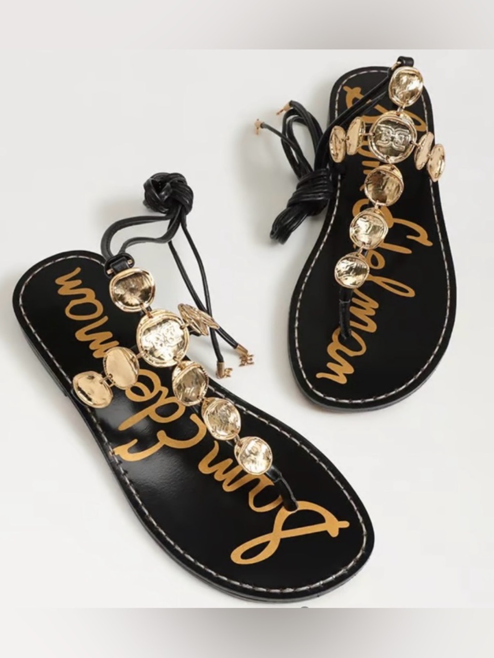 Sam Edelman Black Leather T-Strap Gladiator Sandals with Gold Discs - Picture 5 of 12